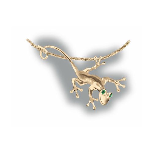 Lizard with Emerald Eyes Pendant - 14K Yellow Gold