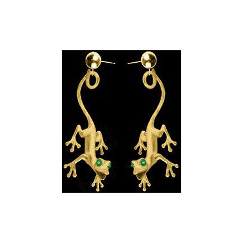 Lizards Earrings with Emerald Eyes - 14K Yellow Gold