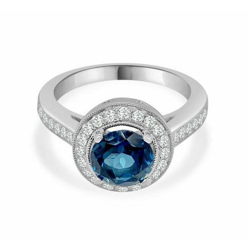 London Blue Topaz with Round Halo Diamond Top and Milgrain Shank Ring