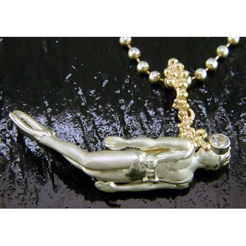 Male Diver Pendant with White Sapphire - Sterling Silver and 14K Gold  - SD-SGP645