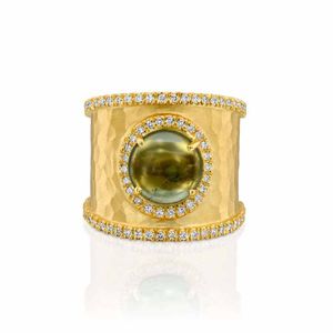 Round Cabochon Green Tourmaline Diamond 14k Gold Ring - M7451