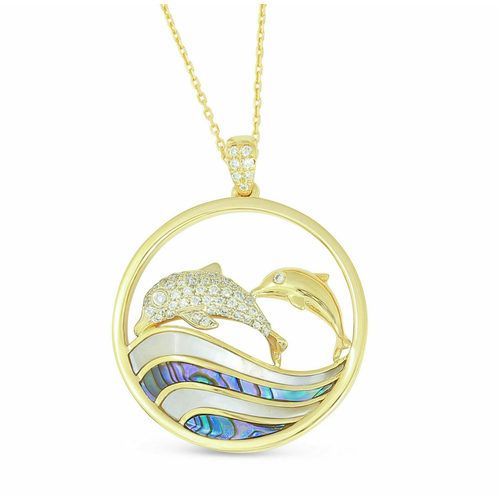 Medium Mother & Child Dolphins Half Diamond Abalone & White Mother Of Pearl Waves Pendant