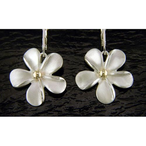 Medium Plumeria Dangle Earrings - Sterling Silver and 14K Gold  - SD-SGE708D