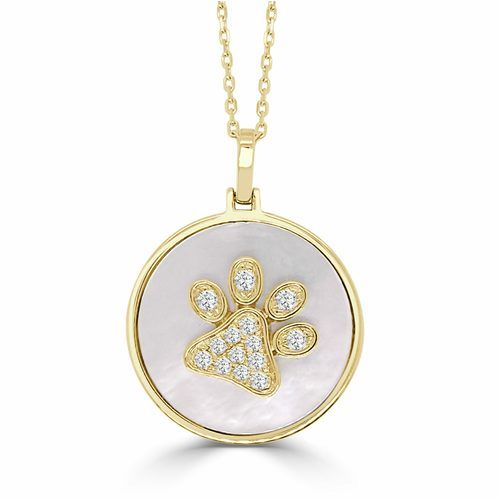 Medium Round White Mother of Pearl & Diamond Paw  Happy  Pendant