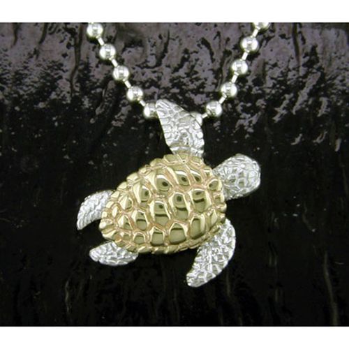 Medium Sea Turtle Pendant - Sterling Silver and 14K Gold  - SD-SGP627