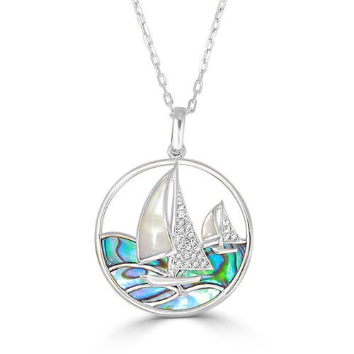 Medium White Mother Of Pearl Boats With Abalone Waves Pendant
