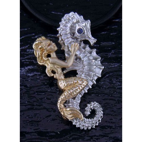 Mermaid and Sea Horse Necklace - Sterling Silver and 14K Gold  - SD-SGN120-18