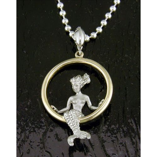 Mermaid in Hoop Pendant - Sterling Silver and 14K Gold  - SD-SGP115