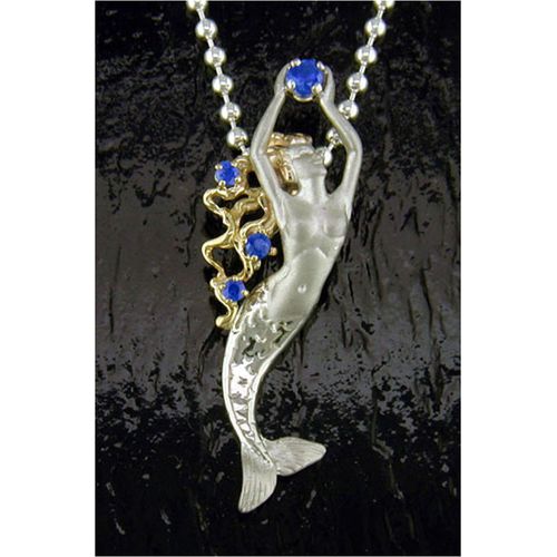 Mermaid Pendant with Blue Sapphire - Sterling Silver and 14K Gold  - SD-SGP105B