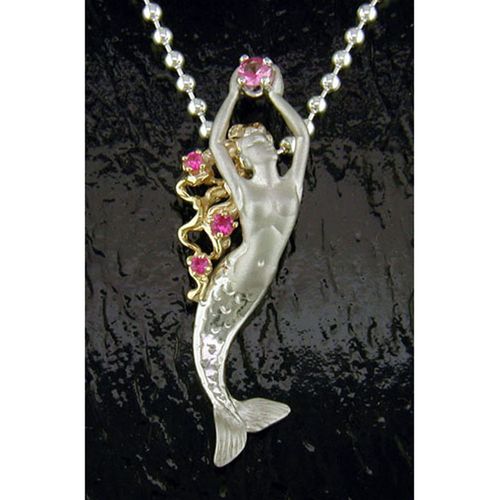 Mermaid Pendant with Pink Sapphire - Sterling Silver and 14K Gold  - SD-SGP105P