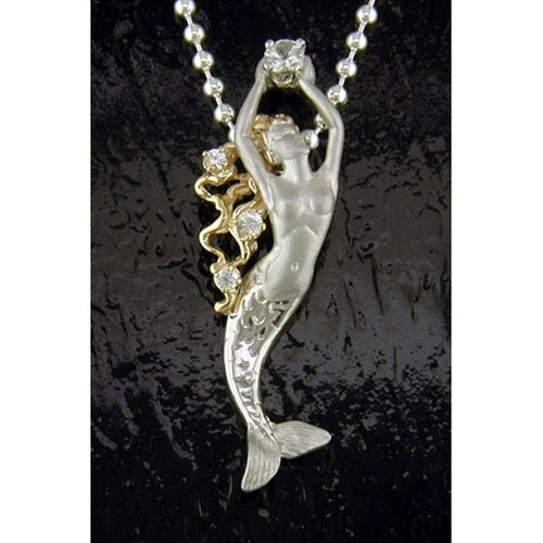 Mermaid Pendant with White Sapphire - Sterling Silver and 14K Gold  - SD-SGP105W