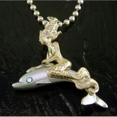 Mermaid Riding Dolphin Pendant - Sterling Silver and 14K Gold  - SD-SGP118