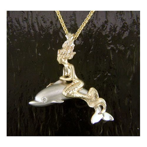 Mermaid with Dolphin Pendant - 14K Gold  - SD-M070-YW