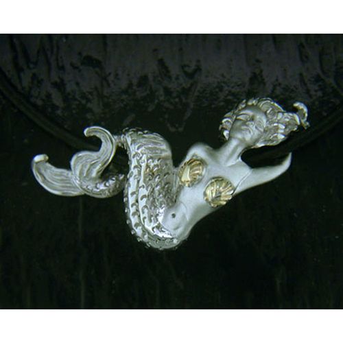 Mermaid with Leather Cord Necklace - Sterling Silver and 14K Gold  - SD-SGN102-18