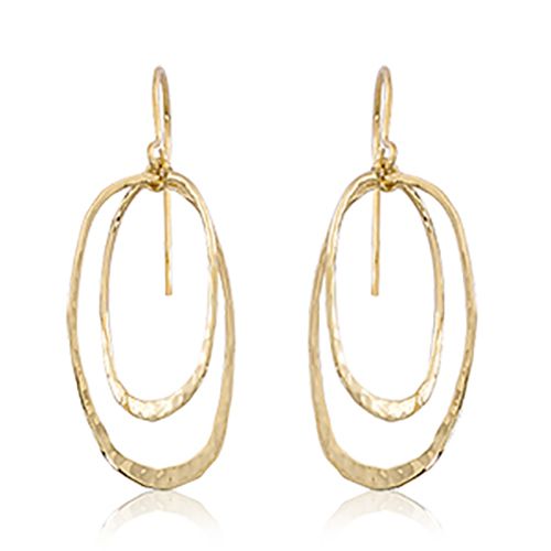 Mini Dual Oval Hammered Orbit Drop Earrings - 14K Yellow Gold