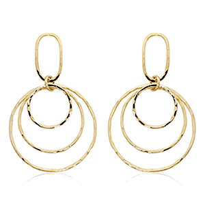 Mini Triple Rustic Rings Drop Earrings - 14K Yellow Gold