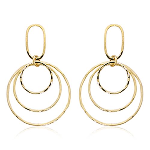 Mini Triple Rustic Rings Drop Earrings - 14K Yellow Gold
