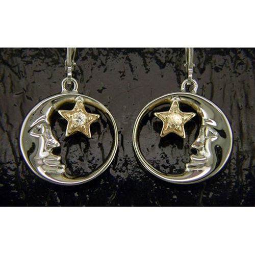 Moon and Star Earrings with White Sapphire - Sterling Silver and 14K  - SD-SGE519