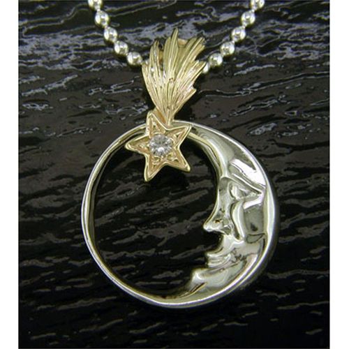 Moon and Star Pendant with White Sapphire - Sterling Silver and 14K  - SD-SGP519