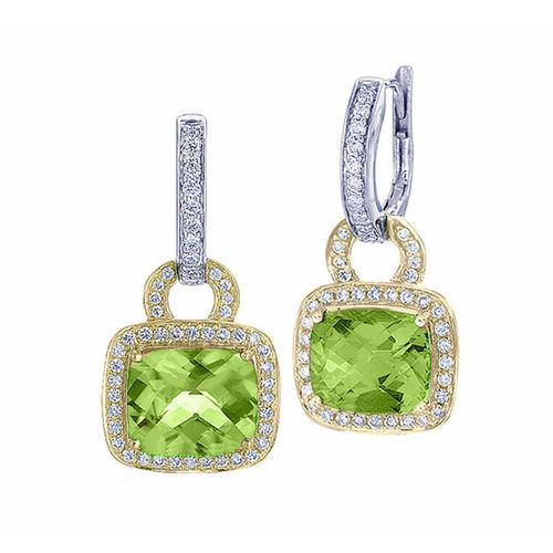 Morganite cushion shape with diamond set in two-tone Yellow and White Gold Roma clip earrings