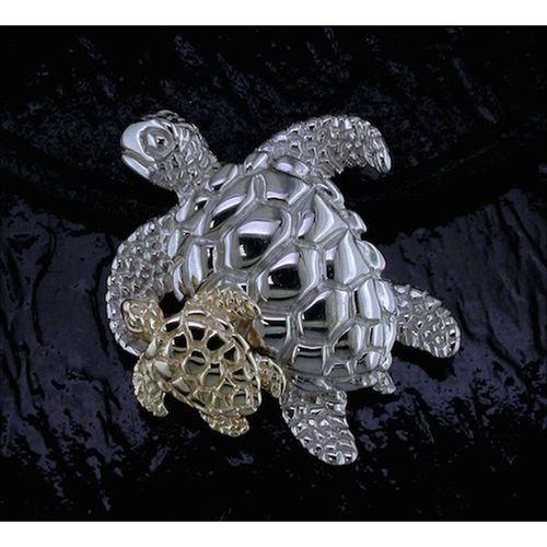 Mother and Baby Turtle Necklace - Sterling Silver and 14K Gold  - SD-SGN677-18