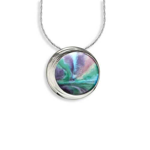 Multi Color Aurora Circle Necklace in Sterling Silver with Vitreous Enamel. Adjustable 18 inch Chain included. Rhodium Plated - NN0449A