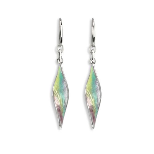 Multi Color Aurora Elongated Marquise Double-Sided-Twist Wire Earrings in Sterling Silver with Vitreous Enamel. Rhodium Plated - NW0446A