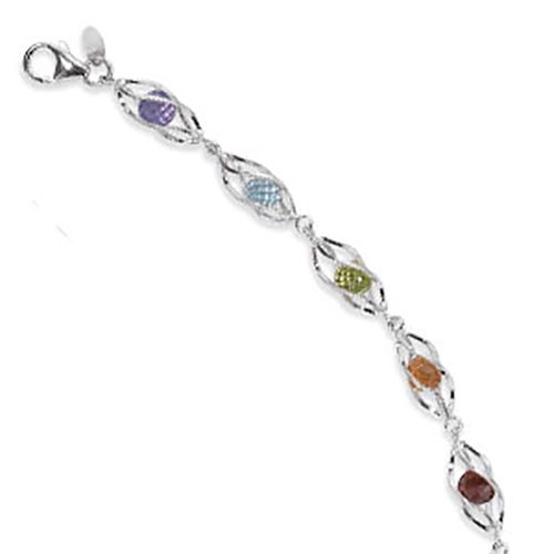 Multi Stone Cage Bracelet - Sterling Silver 7.5 Inch