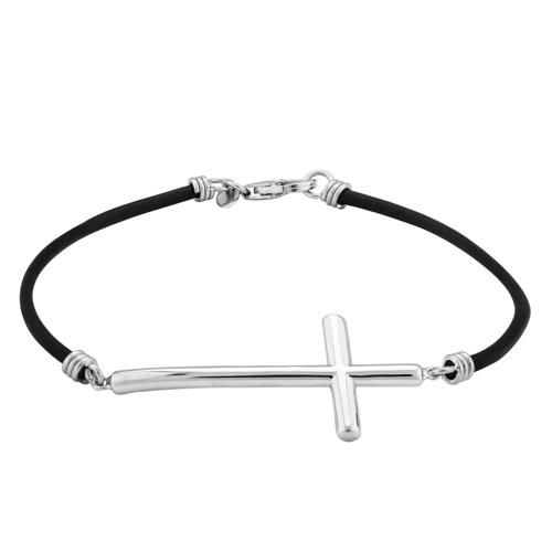 Sterling Silver CroSterling Silver W-leather Strap 8 Inch Bracelet - 9024738-SS