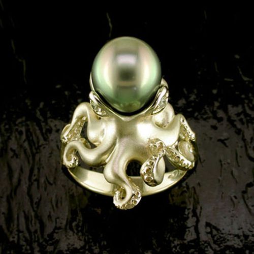 Octopus Ring with Tahitian Pearl - 14K Gold  - SD-SLR001T