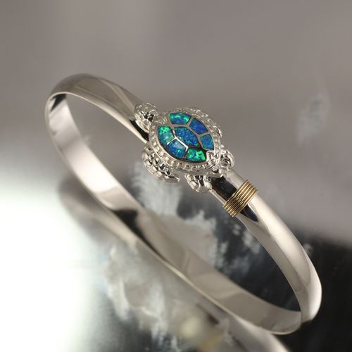 Opal Inlay Turtle Hook Bracelet - Silver & 14K Gold 4mm 7.5 Inch