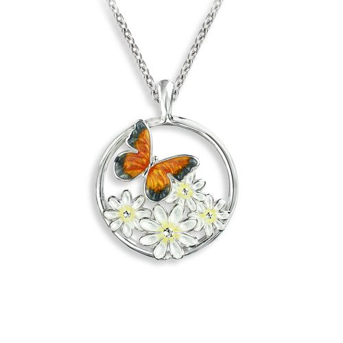 Orange Butterfly with Daisies Necklace, Sterling Silver - NN0540B