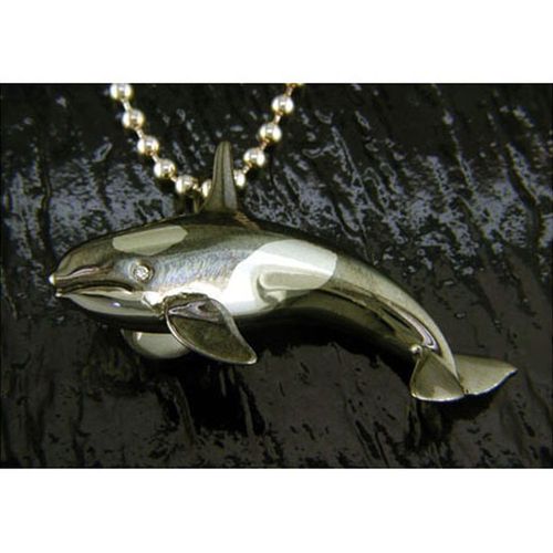 Orca Pendant Oscar with White Sapphire Eyes - Sterling Silver and 14K  - SD-SGP020