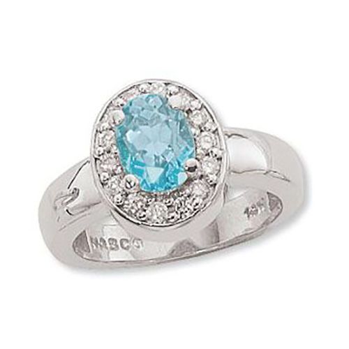 Oval Blue Topaz & Pave Diamond Ring - 14K White Gold Size 7