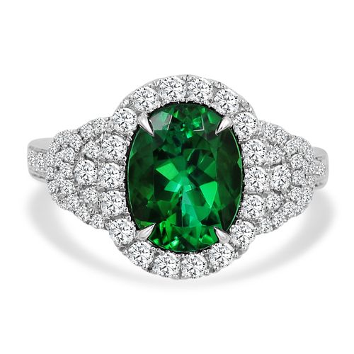 Oval Green Tourmaline & Diamond Halo, Graduating Crescent Accents & Diamond Shank One Of A Kind RING