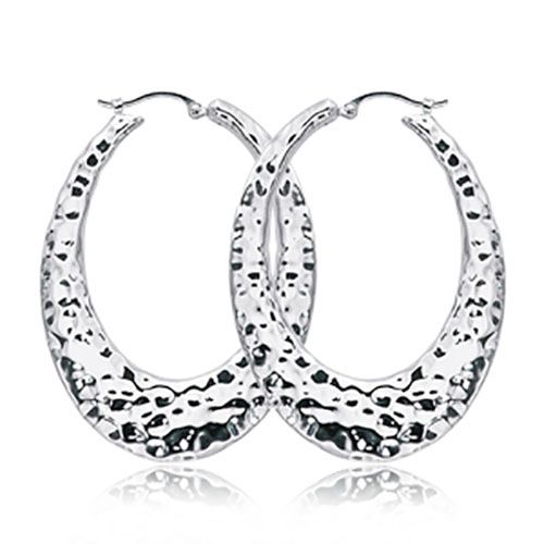 Oval Hammered Hoop Earrings - Sterling Silver