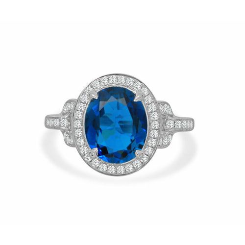 Oval London Blue Topaz & Diamond Halo Top & Shank Roma Ring