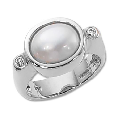 Oval Mobe & Diamond Ring - Sterling Silver Size 7