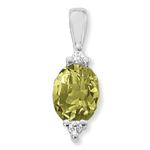 Oval Peridot & Diamond Pendant - 14K White Gold