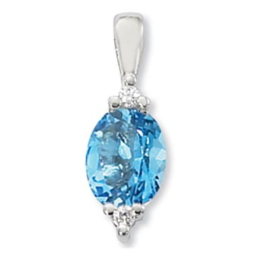 Oval Swiss Blue Topaz & Diamond Pendant - 14K White Gold