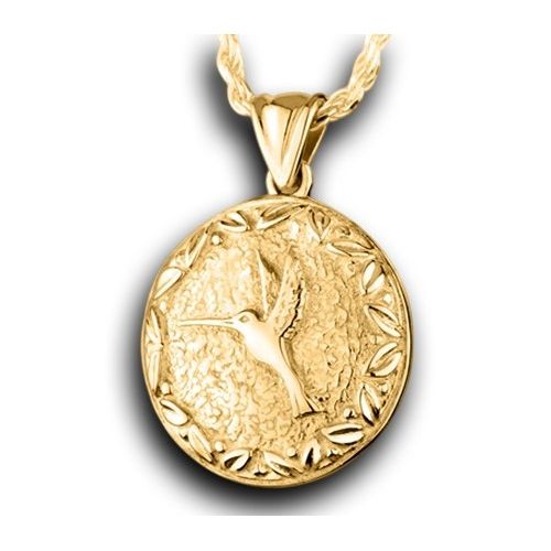 Pacific Urns Necklace For Ashes Round Hummingbird 14K In Yellow Gold