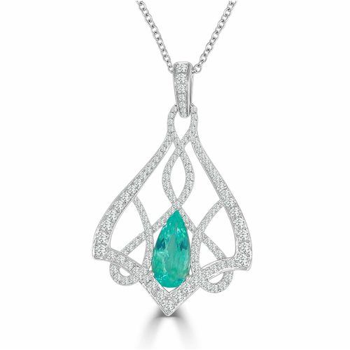 Pear Shape African Paraiba Tourmaline & Diamond One of A Kind Pedant With Diamond Chain