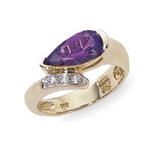 Pear Shape Amethyst & Diamond Ring - 14K Yellow Gold Size 7