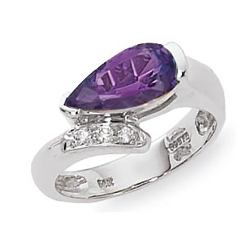 Pear Shape Amethyst & Diamond Ring - Sterling Silver Size 7