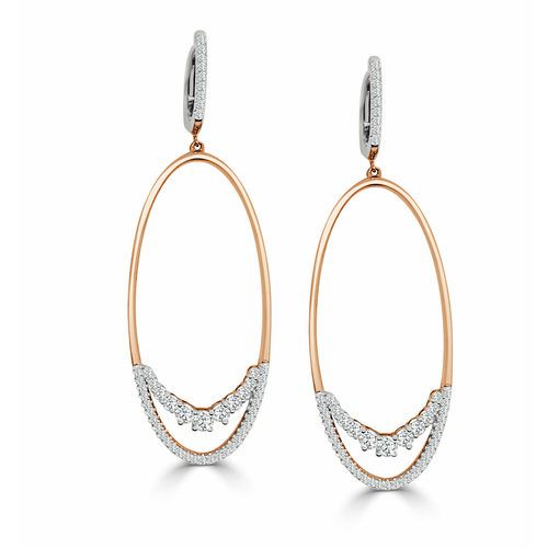 Pink and White Gold Diamond Large Open Oval Diamond Top Earrings