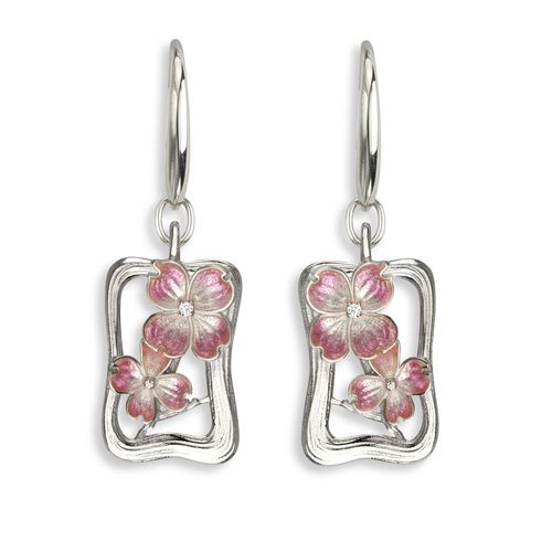 Pink Dogwood Wire Earrings in Sterling Silver with Vitreous Enamel set with White Sapphires. Rhodium Plated - NW0440YA
