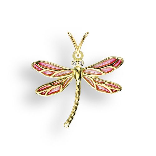 Pink Dragonfly Pendant 18K -Diamond - Plique-a-Jour - NPG030WA