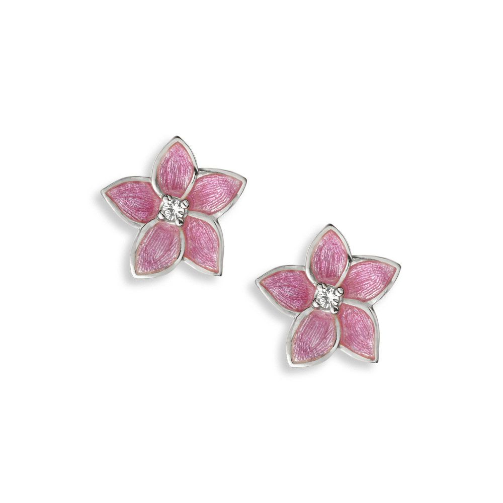 Pink Flower Post Earrings-White Sapphires  Sterling Silver - NE0212YC