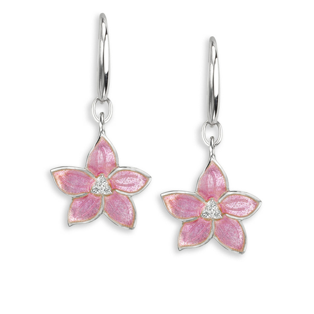 Pink Flower Wire Earrings-White Sapphires  Sterling Silver - NW0211YC
