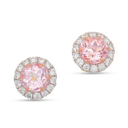 Pink Morganite and diamond round one of kind studs